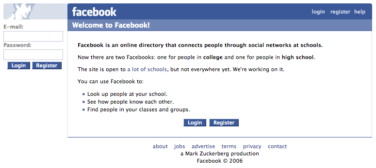 Facebook login homepage with "The" removed (2006)